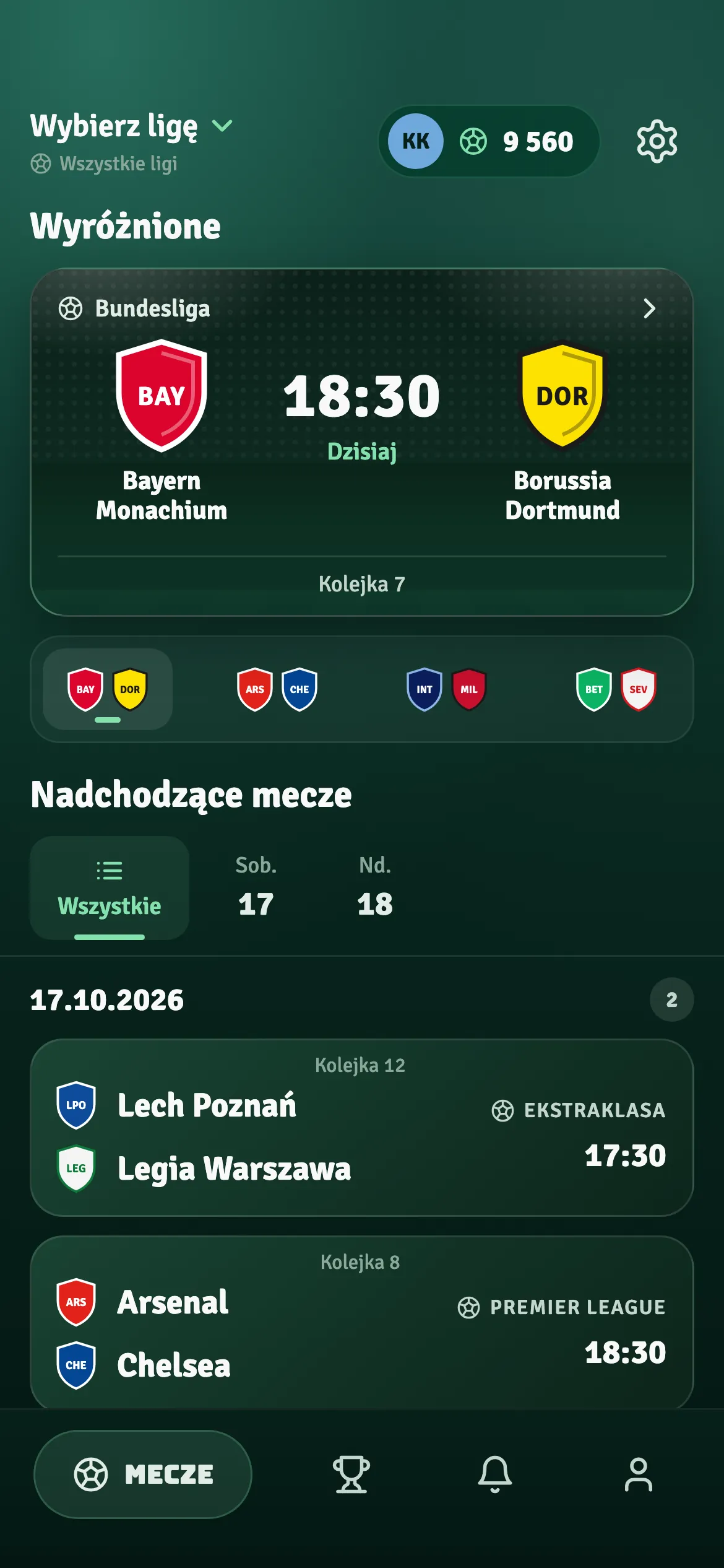 Lista meczów w aplikacji MatchHub z wyróżnionym meczem Bayern Monachium – Borussia Dortmund