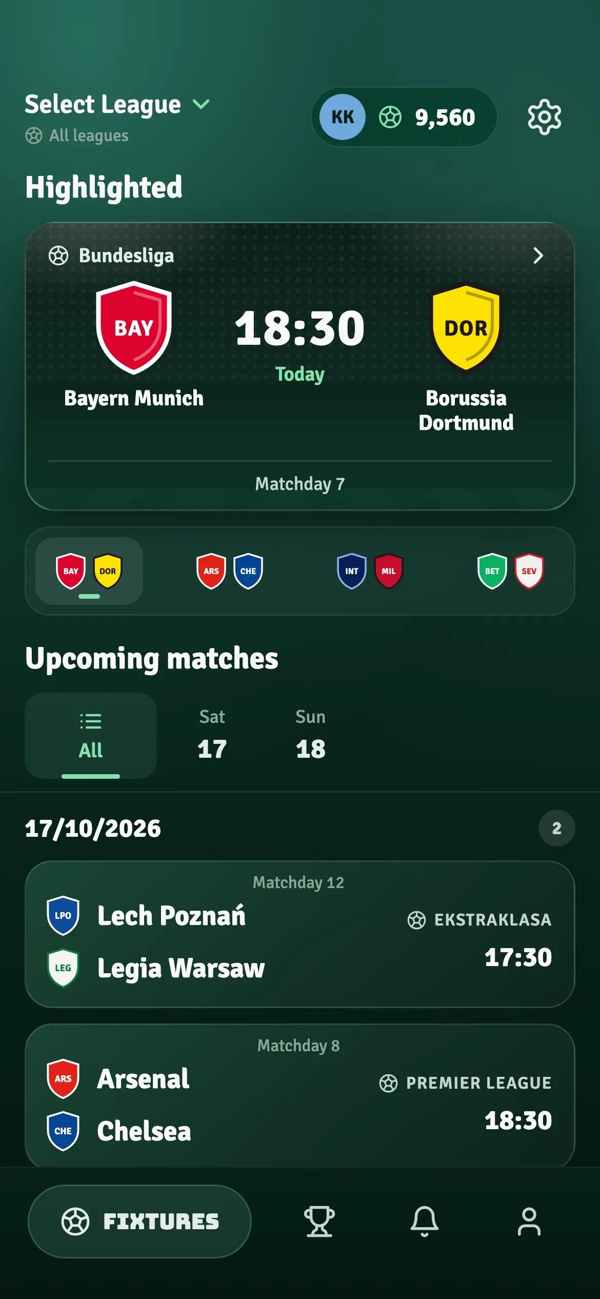 Match list in the MatchHub app with Bayern Munich vs Borussia Dortmund featured