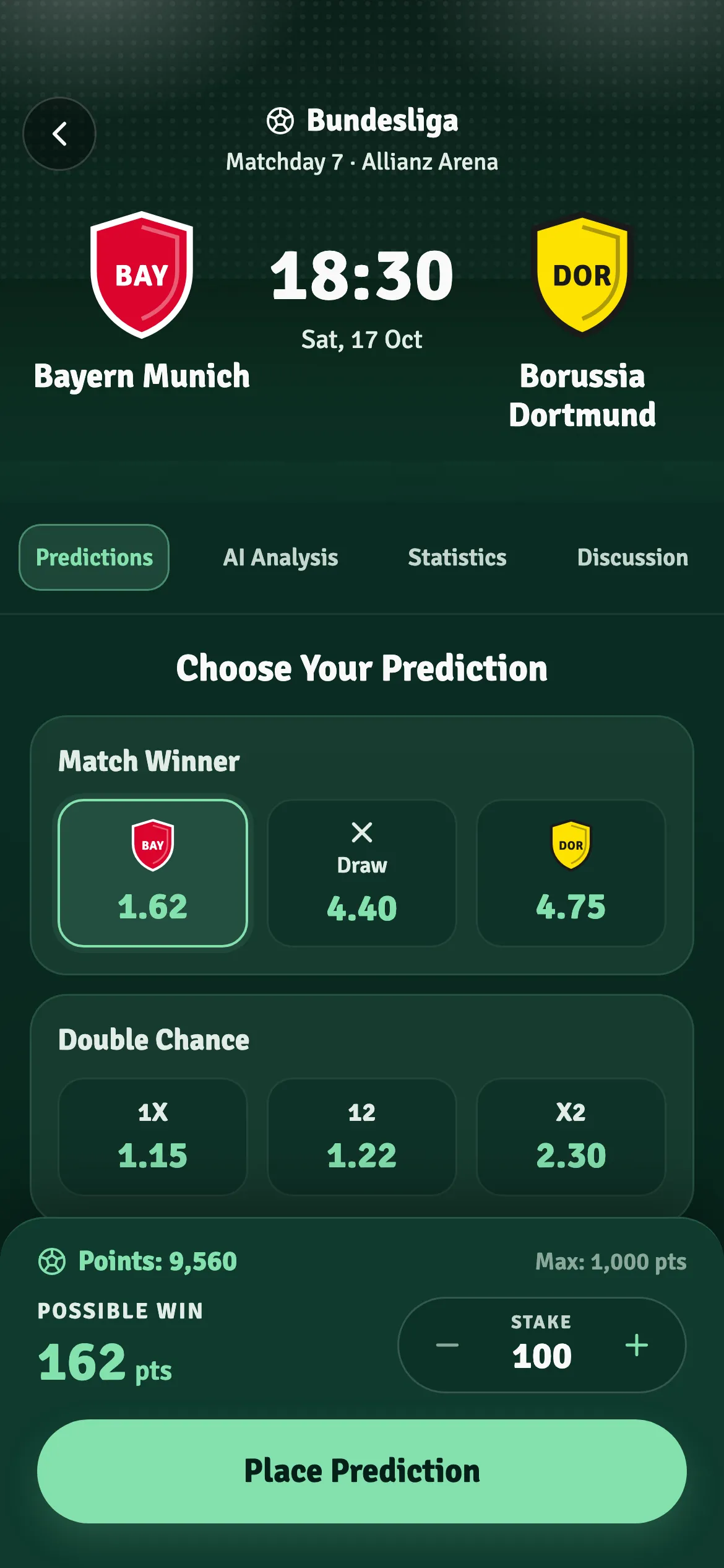 Making a prediction: match winner odds, stake and potential winnings